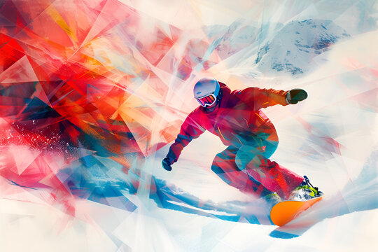 snowboarder carving through powdery snow, with abstract backdrop of vibrant colorful geometric shapes, agile movements  down the mountain slope, subtle blur effect, energetic spirit of snowboarding 