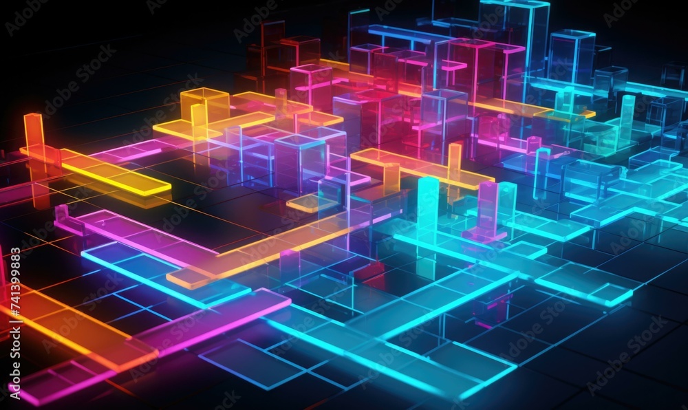 Aufkleber a 3d rendering of a city with neon lights. generative ai.