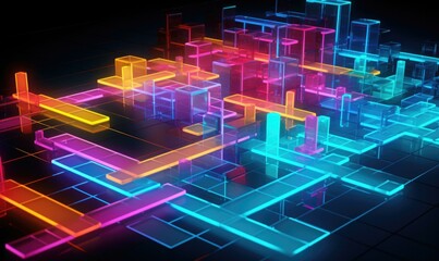 Obraz premium A 3d rendering of a city with neon lights. Generative AI.