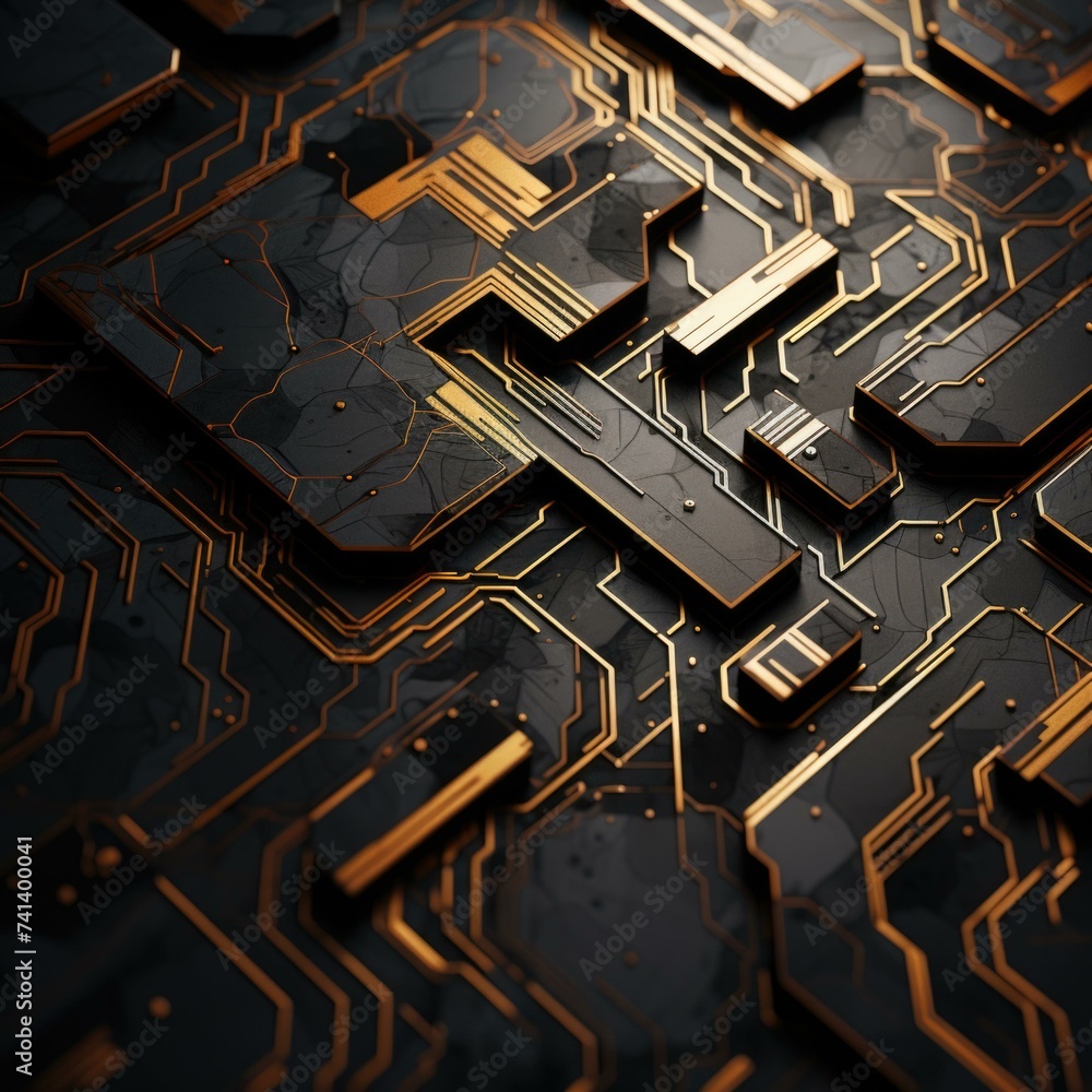 Poster a computer circuit board with gold and black colors. generative ai.