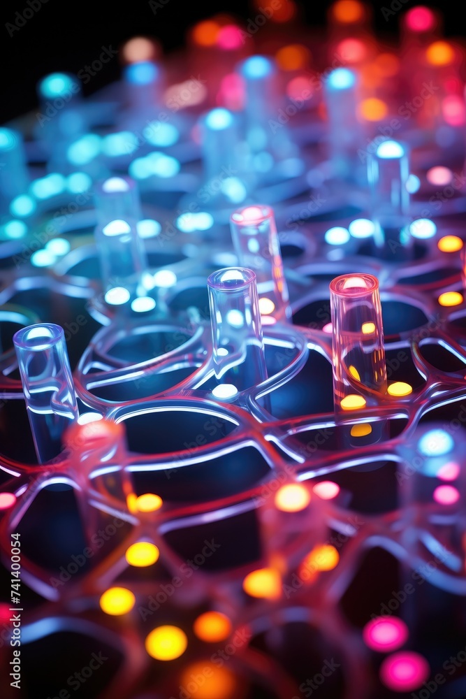 Poster a close up of a colorful lighted string of lights. generative ai.