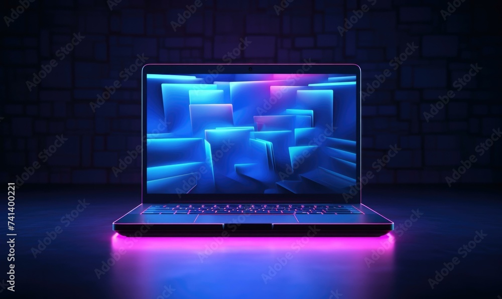 Poster a laptop computer with neon lights on it. generative ai.