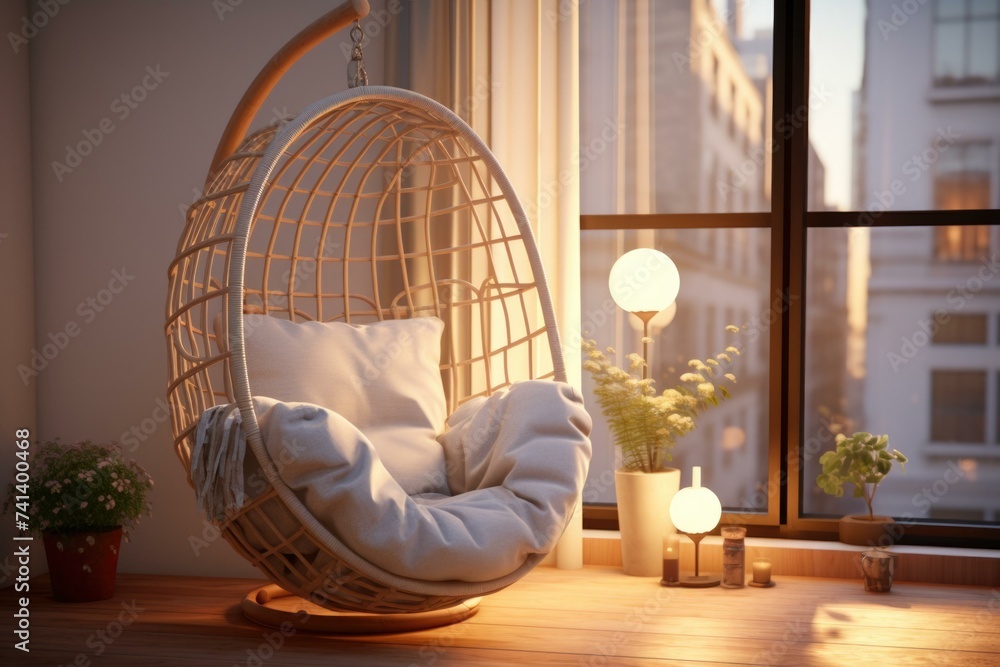 Poster a hanging chair in front of a window with a lamp. generative ai.