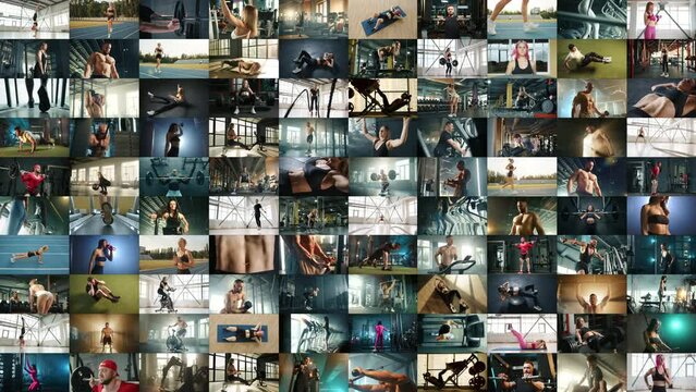 A meticulously arranged collage displaying 100 unique video segments, each portraying diverse and dynamic individual fitness exercises within the vibrant atmosphere of a contemporary gym. 