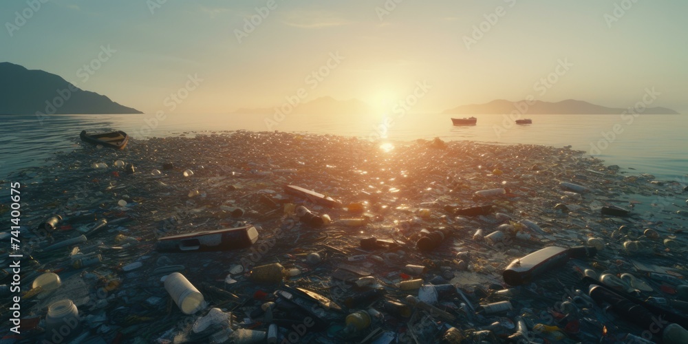 Poster a beach with garbage and boats in the water. generative ai.