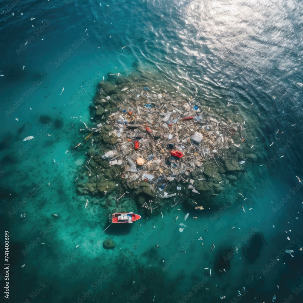 Poster an island with garbage floating in the water. generative ai.
