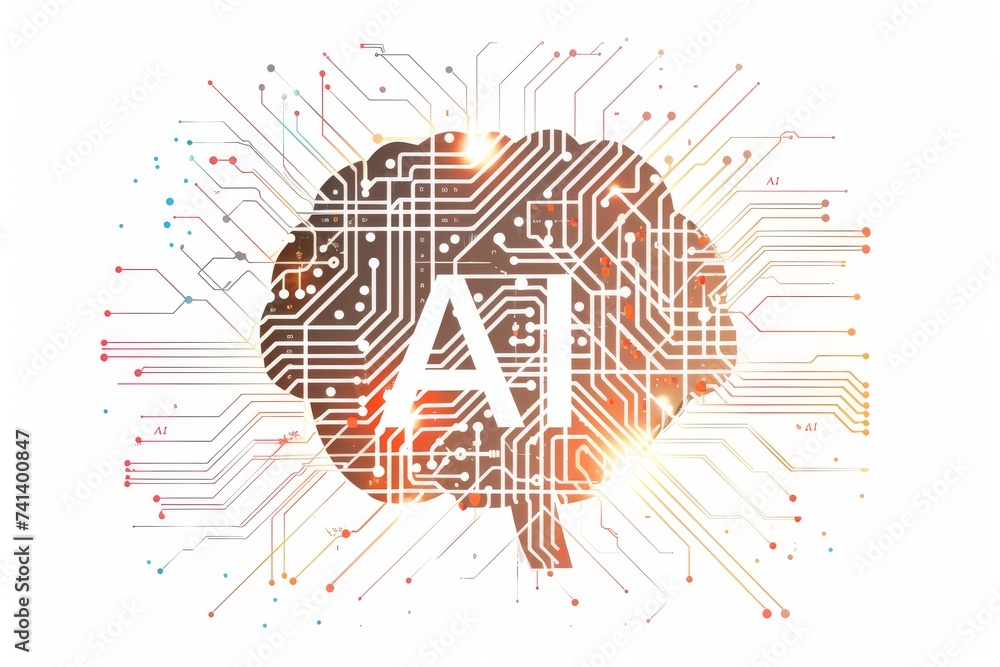 Poster ai brain chip infrared laser. artificial intelligence glyph mind graphics processing unit axon. semi