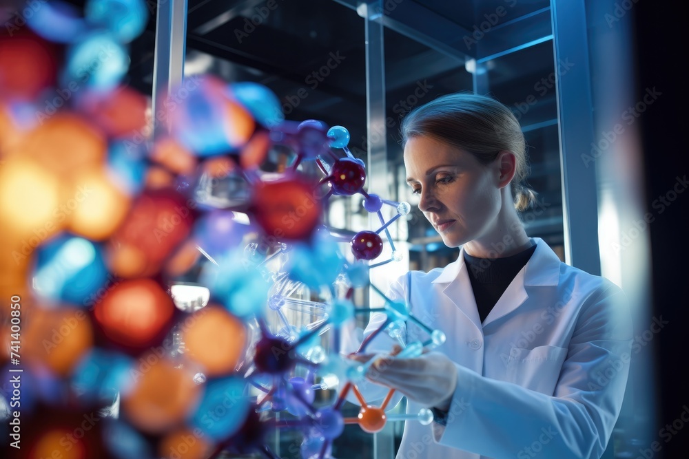 Poster a woman in a lab coat is looking at a model of a molecule. generative ai.