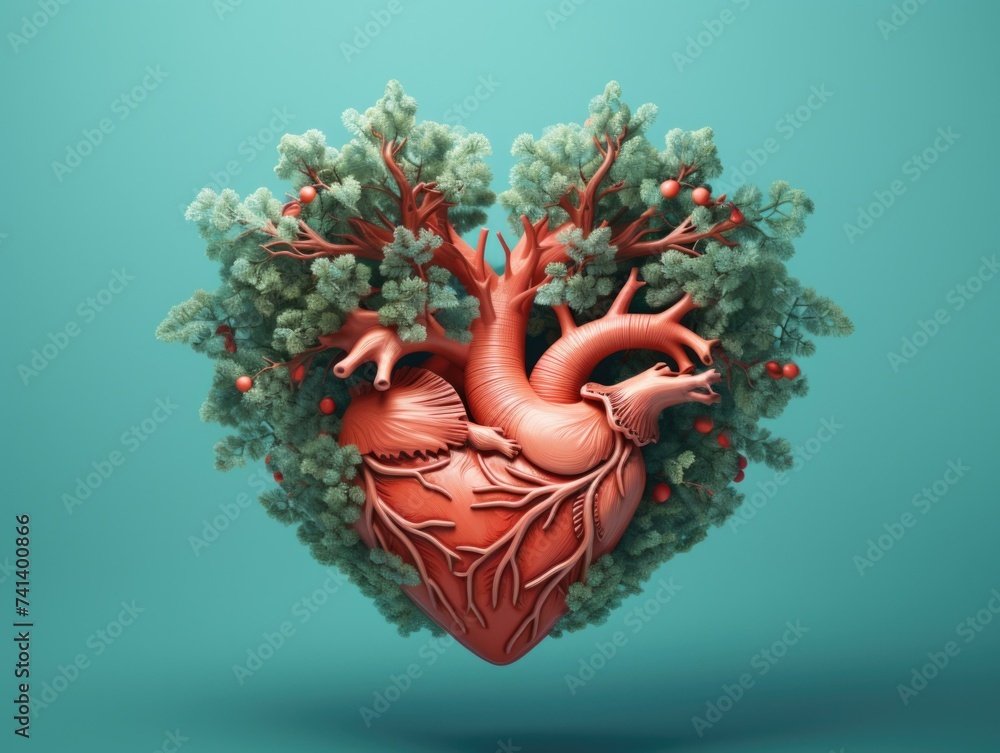 Poster a 3d rendering of a heart with branches. generative ai.