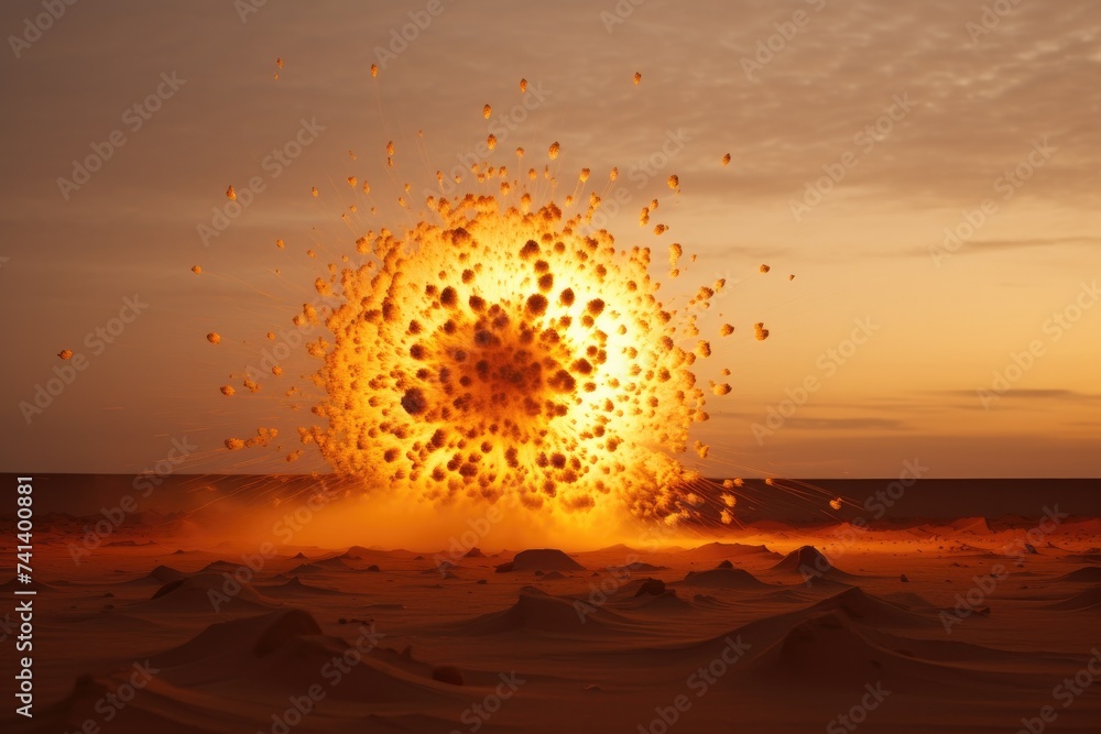 Poster a large explosion in the desert with many small explosions. generative ai.