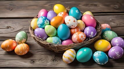 Fototapeta na wymiar Colorful easter eggs on wood background 