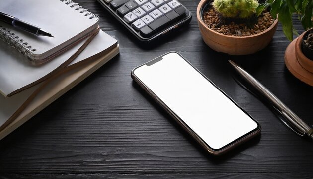 Mockup Image of Mobile Phone Two Smartphone on Black Table with Computer and Agenda