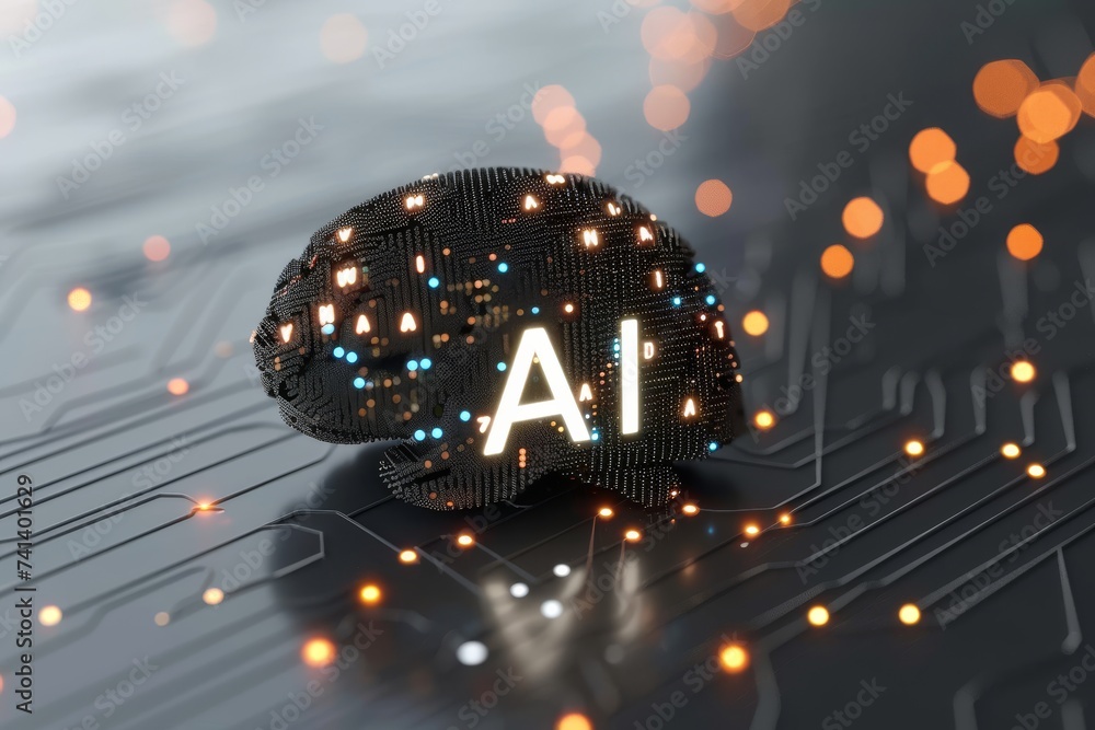 Poster ai brain chip mental advancement. artificial intelligence devops mind neural network axon. semicondu