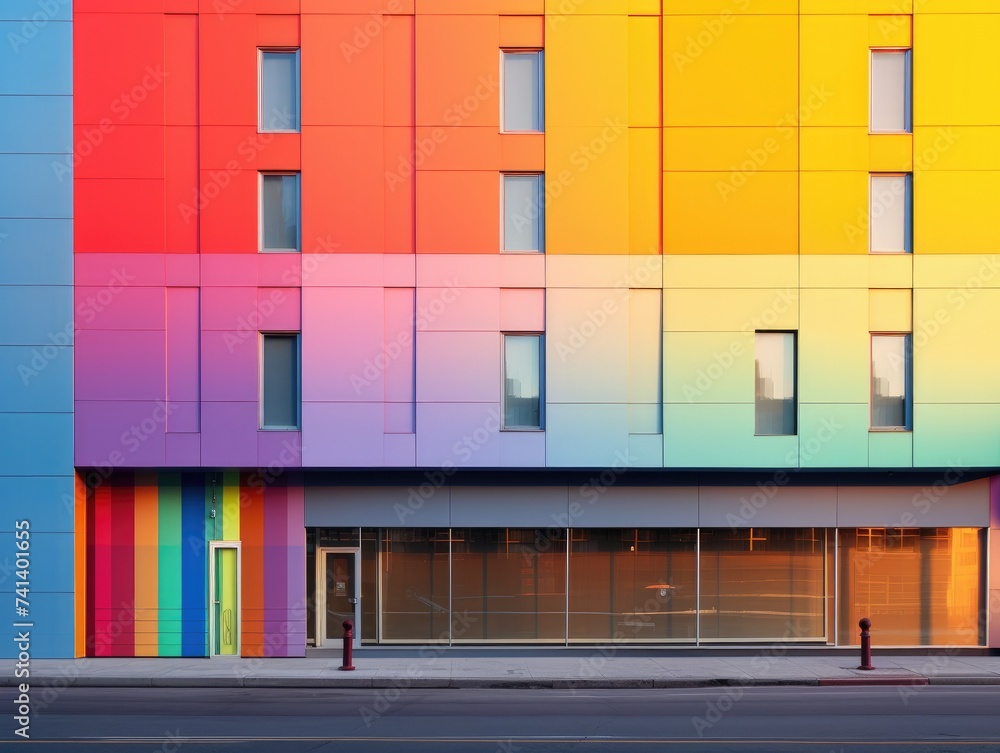 Poster a colorful building with a rainbow painted on it. generative ai.