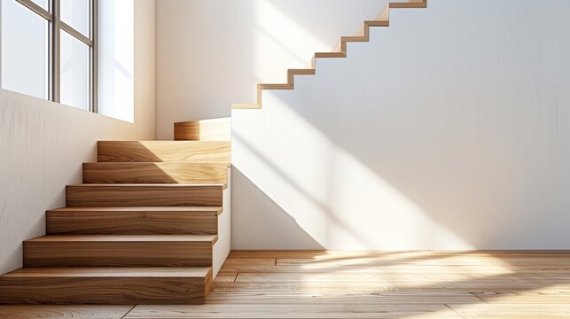 Minimalist interior with wooden staircase and natural light flooding in