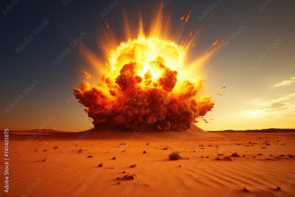 Poster a large explosion in the desert with a large cloud of smoke. generative ai.