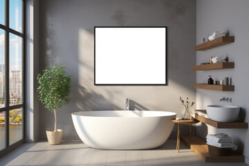 Modern luxury bathroom design.A mockup of an empty photo frame hangs on the wall. Design showcase.