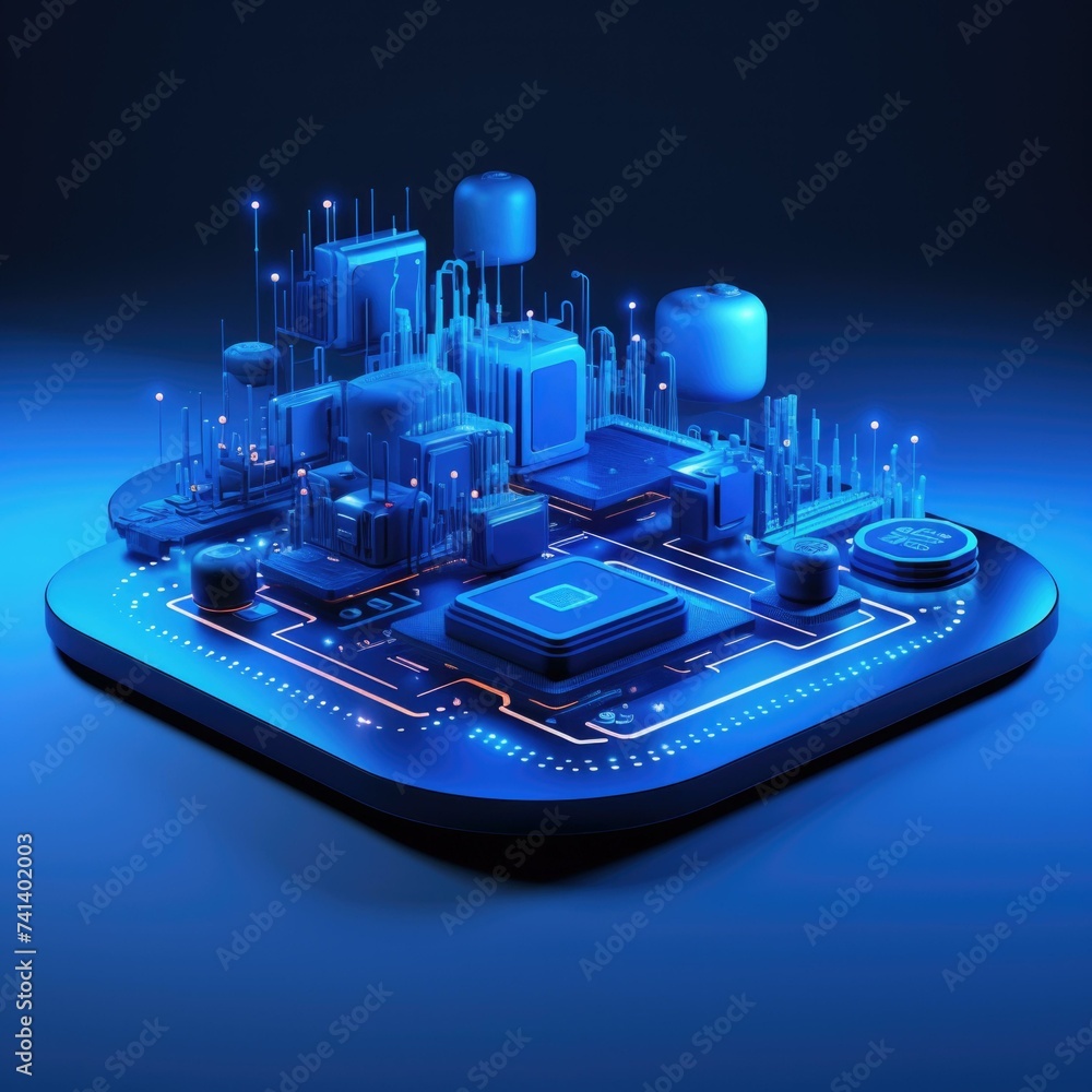 Poster 3d rendering of a futuristic city with electronic components. generative ai.