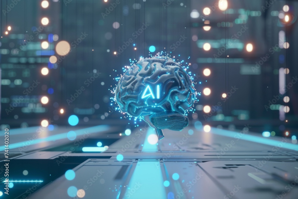 Poster ai brain chip icon usage restrictions. artificial intelligence head direction cell mind semiconducto