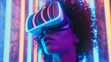 Woman wearing virtual reality glasses on futuristic neon background