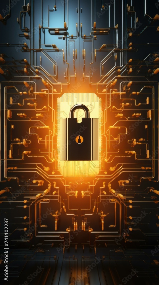 Poster a padlock on a circuit board with an orange glow. generative ai.
