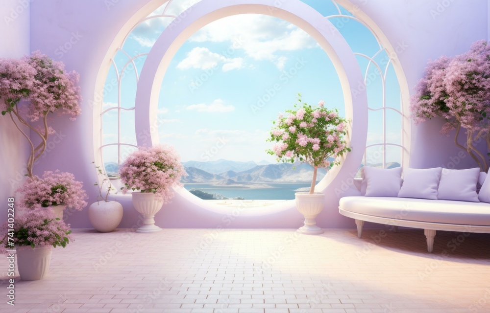 Poster a purple room with a large window and a couch. generative ai.