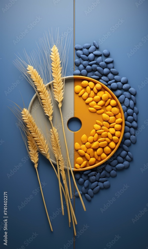 Poster a plate with wheat and beans on it. generative ai.