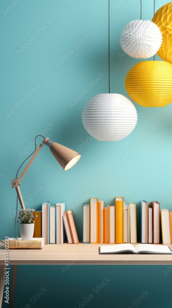 Poster a desk with books and a lamp. generative ai.