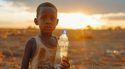 Young kid holding empty bottle on broken clay background. Generative Ai. - obrazy, fototapety, plakaty