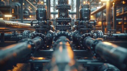 Complex network of pipes and valves in an industrial power plant - obrazy, fototapety, plakaty