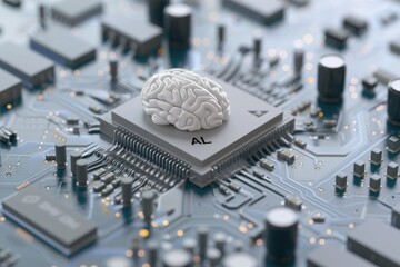 AI Brain Chip computer aided detection. Artificial Intelligence digital health mind non ecc ram axon. Semiconductor neural chip implant circuit board diodes - obrazy, fototapety, plakaty