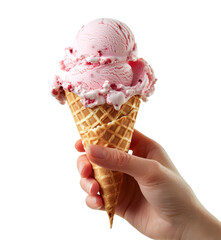 Hand holding strawberry ice cream cone isolated on white transparent, PNG