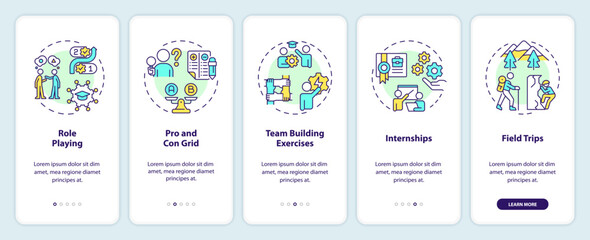 Experiential learning activity onboarding mobile app screen. Education walkthrough 5 steps editable graphic instructions with linear concepts. UI, UX, GUI template. Myriad Pro-Bold, Regular fonts used