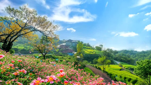 Spring landscape on a green hill Colorful flowers flying butterflies and houses Seamless looping time-lapse 4k animation video background  Generated AI