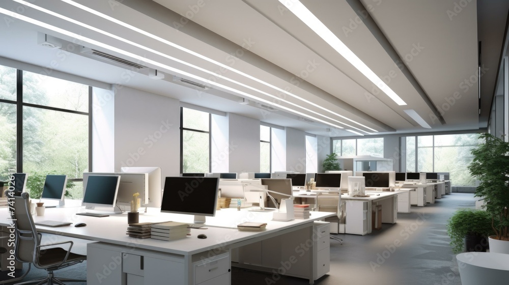 Poster modern office with white desks and computers. generative ai.