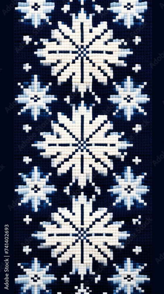 Poster a cross stitch pattern with snowflakes on a dark background. generative ai.