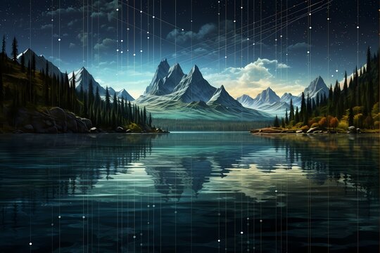 A serene landscape with a crystal-clear lake reflecting a projection of stock market data, blending nature with finance in a harmonious display.