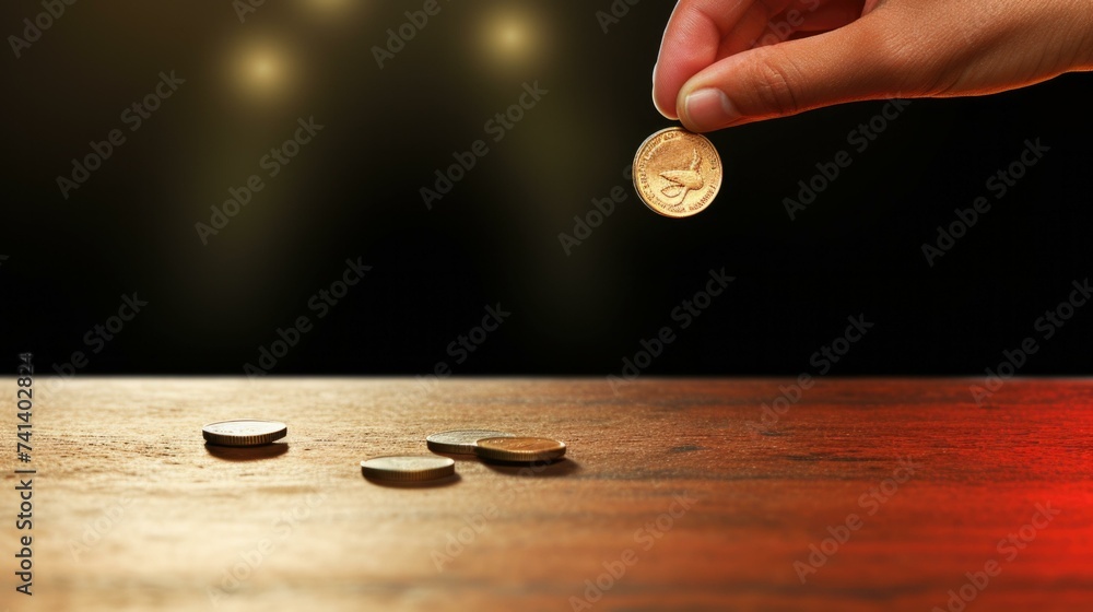 Poster a person holding a coin over a table with coins scattered around. generative ai.