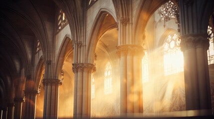 Obraz premium Sunlight shining through the windows of a cathedral. Generative AI.