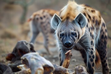 hyena crunching on bones in the african bush