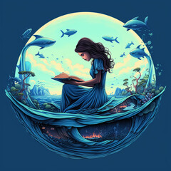 mermaid in the sea reading a book.