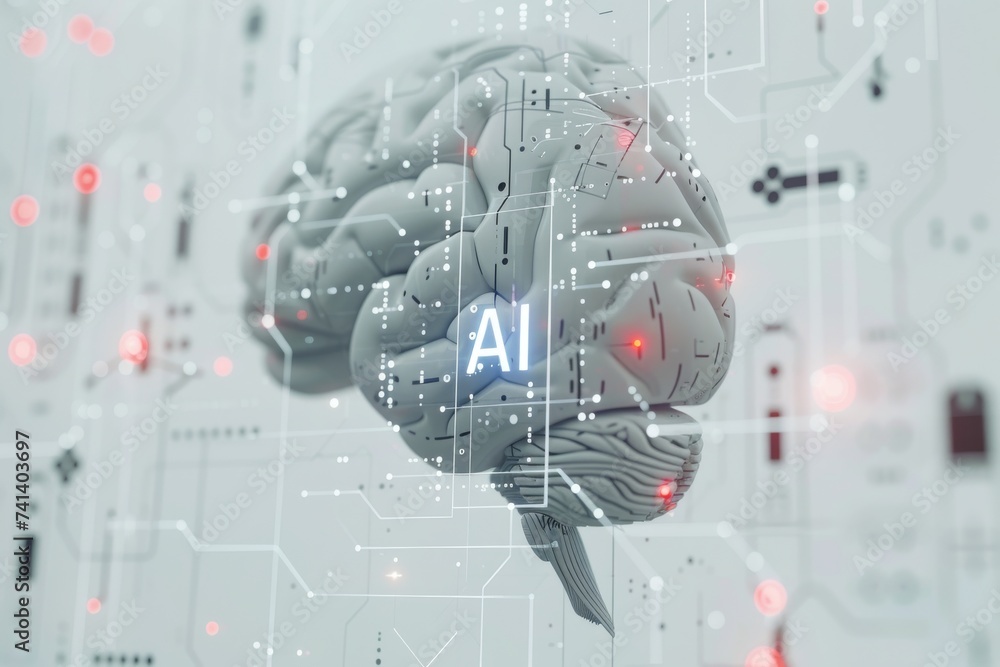 Poster ai brain chip ct interpretation. artificial intelligence multicolor laser mind future scenarios axon