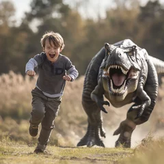 Foto auf Acrylglas Dinosaurier Child running away for a dinosaurus