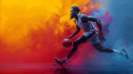 Athletic basketball player in dynamic action with a burst of colors training for competition