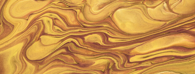 Fototapeta premium Abstract fluid art background golden and bronze colors. Liquid marble. Acrylic painting with yellow gradient.