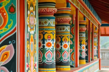 freshly painted temple walls featuring intricate, bright designs