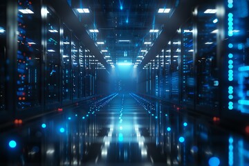 Obraz premium Futuristic Data Center with Glowing LED Lights. Generative AI