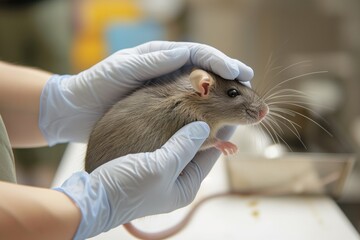 person wearing gloves handling a domestic rat for a veterinary check - obrazy, fototapety, plakaty