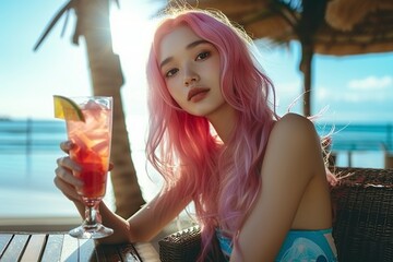 woman with pink hair holding a glass of cocktail