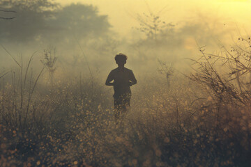 jogging in an open field with a young man